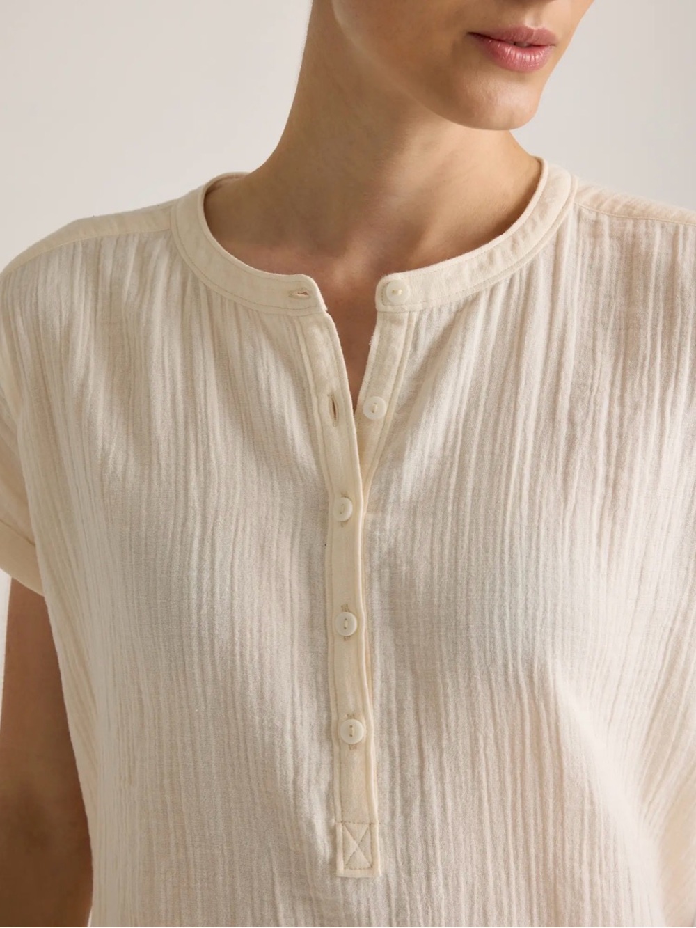 Quince Cream Short-Sleeve Henley Blouse- SIZE MEDIUM - Picture 5 of 8